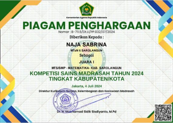 Satu Orang Siswa MTs N 6 Sarolangun Raih Juara I KSM Tingkat Kabupaten Sarolangun